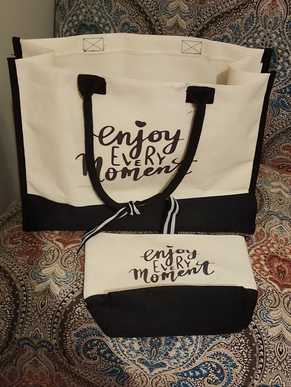 Enjoy Every Moment Canvas Tote Bag - Black & Cream